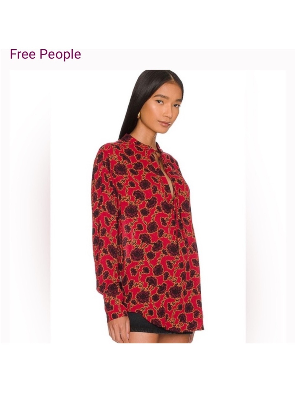 Free People Mia Tunic Top Blouse Floral Red Black Boho Romantic Whimsigoth S